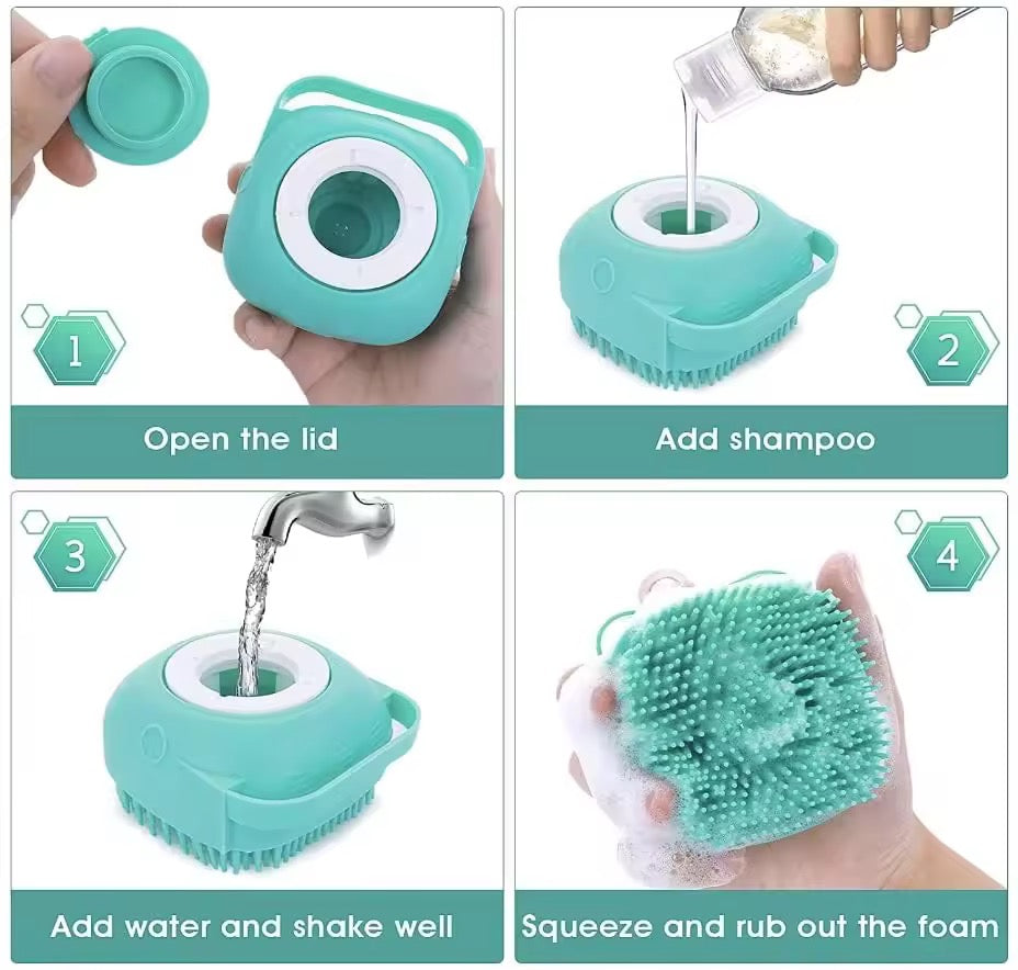 Pet Grooming Bath and Massage Brush with Soap and Shampoo Dispenser